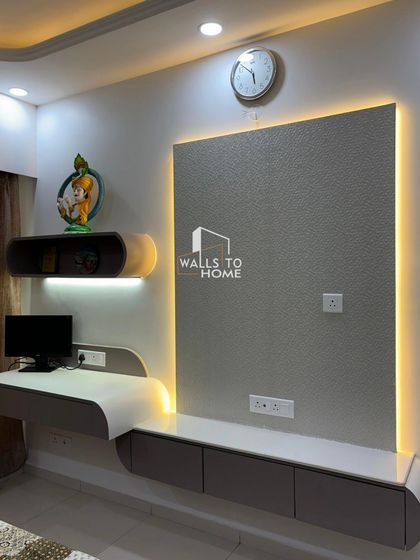 A modern, space-efficient unit that combines the TV console with a sleek, curved study desk. The integrated backlighting connects both zones, making it perfect for a bedroom or living area.