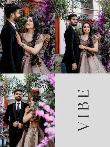 Candid and posed shots from an engagement celebration, capturing the couple's joyful interactions against a beautiful floral backdrop.
