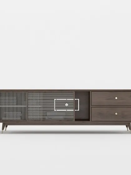 A frontal view of the TV unit, highlighting its mid-century modern design with tapered legs and clean, horizontal lines.