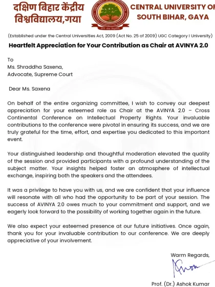 A letter of heartfelt appreciation from the Central University of South Bihar for my contribution as Chair at the AVINYA 2.0 conference on Intellectual Property Rights.