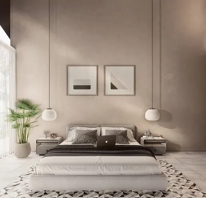 This bedroom render for Vagator Villas showcases a minimalist aesthetic with warm, earthy finishes. Pendant lights and simple geometric art complement the clean lines, while a large window maintains a strong connection to the Goan outdoors.