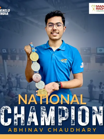 We celebrate the comprehensive success of our athletes. Abhinav Chaudhary, a Khelo India athlete at our academy, is showcased here as the National Champion in Rapid Fire Pistol, holding the multiple medals he won across team and individual events.