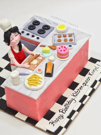 An overhead view of the entire kitchen scene cake.