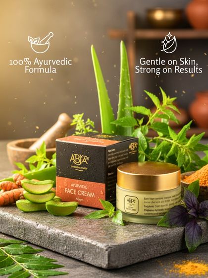 My face cream is a 100% Ayurvedic formula, gentle on the skin but strong on results. It is pictured here with some of its core ingredients like Aloe Vera and Turmeric.