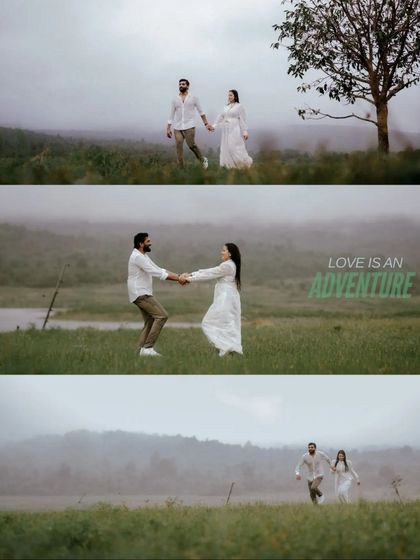 A collage telling a story of adventure, with the couple running and dancing in a misty landscape, embracing the elements.
