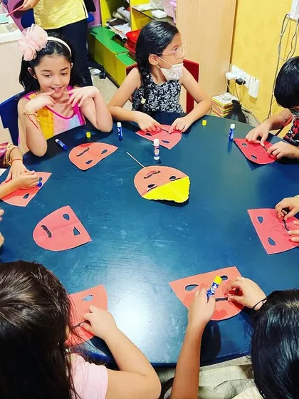 Children making Ravan masks for our Dussehra celebration. This craft activity is a fun way to engage with the story of Ramayana.
