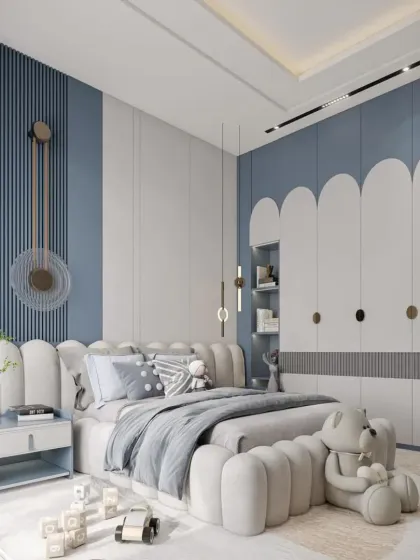 This view highlights the custom wardrobe with integrated shelving, providing plenty of space for books and toys. The design is both practical and imaginative.