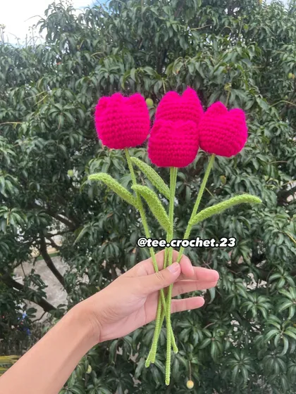 A handful of bright magenta tulip stems.