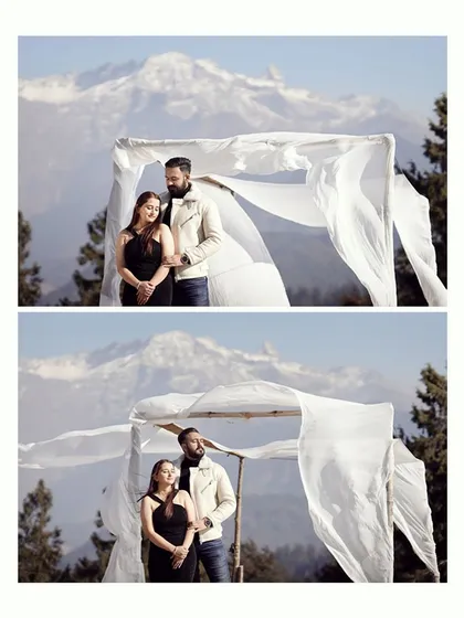 A diptych of a couple standing under a simple, windswept arch with the Himalayas in the background, showcasing a beautiful and natural pre-wedding setup.