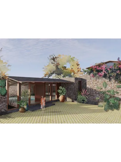 The entry court of the 'Summerhouse in a Garden', with its natural stone walls and a view through to the lotus pond beyond.