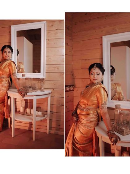 A diptych of the bride in her golden saree, showing her getting ready and posing with a smile.
