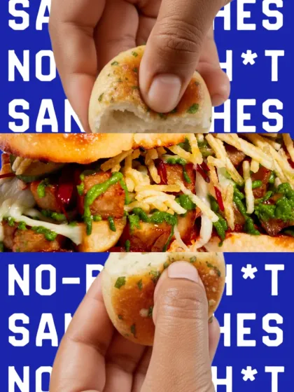 A close-up of the Thecha Chip Butty's filling, a vibrant mix of potatoes, chips, and sauces.