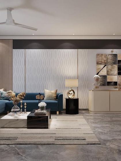 I designed this informal lounge as a cozy space for relaxation. The L-shaped sofa provides ample seating for watching TV, while the textured wall paneling and modern art add a layer of sophistication.