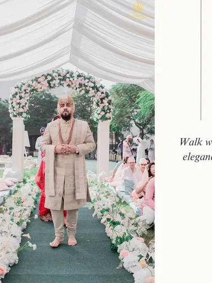 An elegant and serene groom's entry, walking down a flower-lined aisle. This is a wonderful option for a more intimate or daytime ceremony.