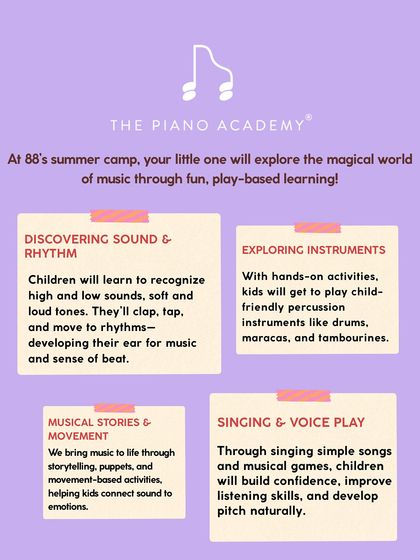 Here's what your little one will experience at our summer camp. From discovering sound and rhythm to exploring instruments and singing, it's a play based journey into the magical world of music for kids aged 3 to 7.