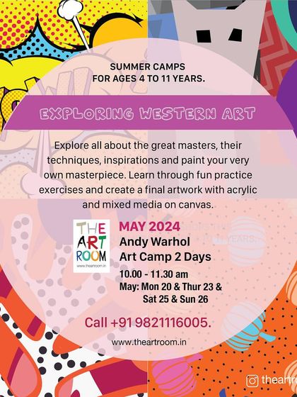 Announcing our Andy Warhol art camp. This flyer details the 2-day workshop where kids can learn about the leading figure in the American Pop Art movement.