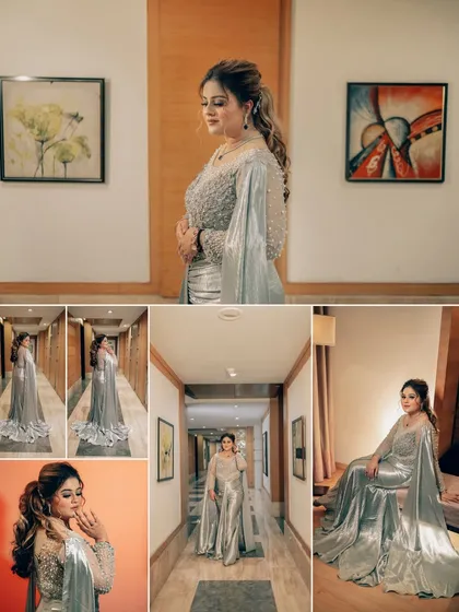 A collection of solo portraits of the bride, Gurbani, in her shimmering silver gown. The images capture her elegance from different angles in the venue's corridor.
