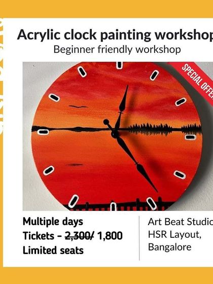 An announcement for our Acrylic Clock Painting workshop. A beginner-friendly session to create a functional piece of art for your home.