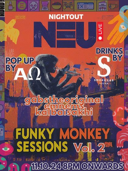 The poster for 'Funky Monkey Sessions' in Delhi. A groovy, illustration-heavy design for a night of funky tunes.