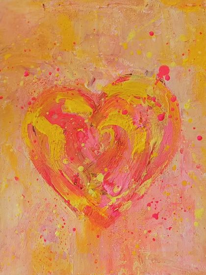 A duplicate of the happy pink and yellow heart, showcasing its raw, cheerful energy before framing.