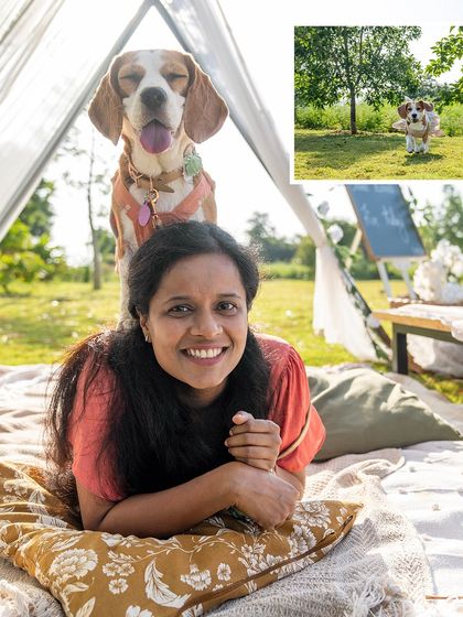 A collage from June the Beagle's birthday picnic. The main photo shows her happily photobombing her mom, showcasing her energetic and playful personality.