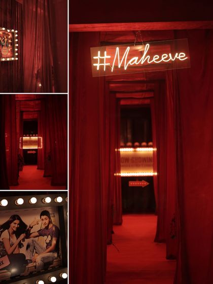 A collage of the cinematic entrance, featuring the #Maheeve hashtag, the "Now Showing" sign, and personalized movie posters.