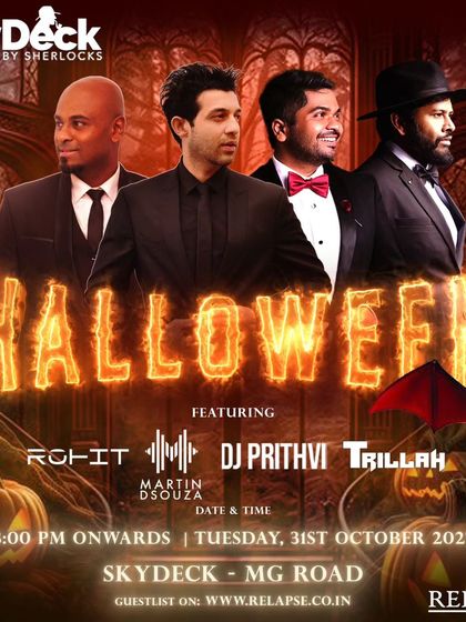A flyer for a Halloween party at Skydeck, featuring a lineup of top Bangalore DJs.