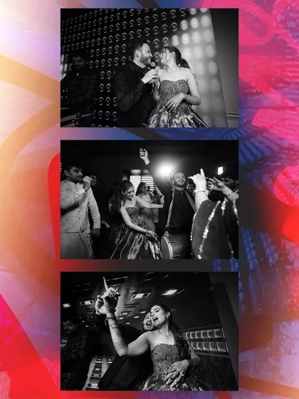 The energy of the Sangeet dance floor captured in a dynamic black and white collage. It freezes the motion and joy of the celebration in a classic style.