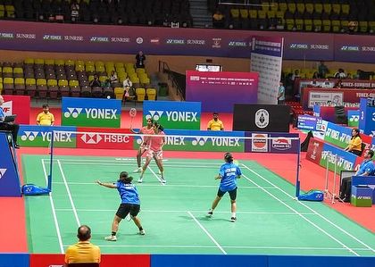 A badminton match in progress, with our courtside branding clearly visible. We ensure that all branding is placed for maximum visibility on broadcast and in the stadium.