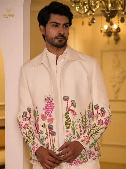 This ivory coord set, featuring vibrant floral hand-embroidery, is designed for daytime celebrations. It offers a fresh, modern take on traditional groomswear, perfect for a Sangeet or Mehendi ceremony.