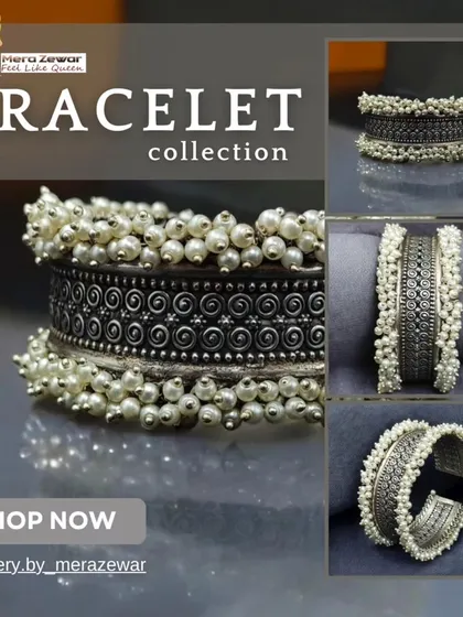 A closer look at my oxidized silver bracelet with pearl ghungroos. This piece has a beautiful traditional design that adds an ethnic touch to both modern and classic outfits. It's a versatile statement piece for your wrist.
