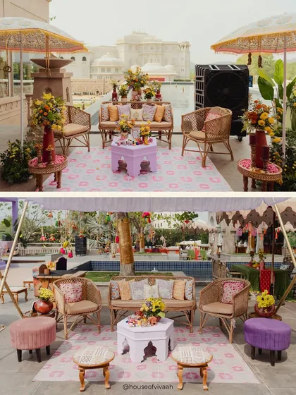 A stylish lounge area at the Haldi, with rattan furniture, colorful printed cushions, and traditional parasols creating a comfortable and festive space.