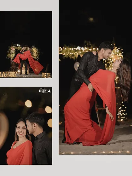 A collage of a couple's romantic dance and embrace in front of a beautifully lit 'MARRY ME' sign.