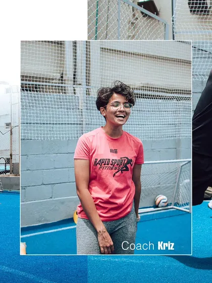 Coach Kriz smiling during an on-field session. This image reflects the positive and motivating atmosphere we cultivate, where athletes are challenged in a supportive community.