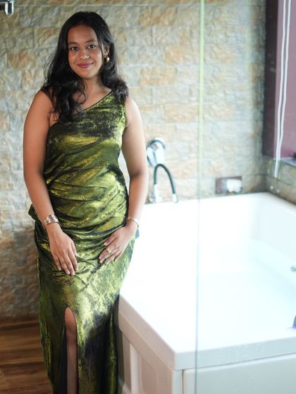 Launching my new affordable range! This olive green velvet gown with a side slit is available for rent at just ₹599.