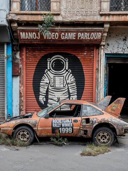 A rusted-out rally car, a 'Rocketganj Rally Winner 1999', sits abandoned in front of a video game parlor. This image builds the history and culture of the fictional town.