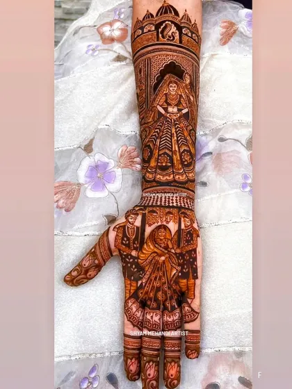 A single arm from a bridal set, featuring a bride's portrait on the forearm and a doli scene on the palm.