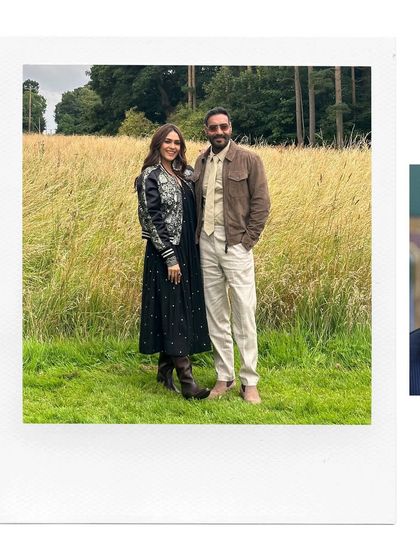 A polaroid-style shot of the lead pair, Ajay Devgn and Mrunal Thakur, on location. Jassi's outfit here, a brown suede jacket with a tonal shirt and tie, showcases the 90s-inspired styling we incorporated, giving his character a classic, masculine charm.