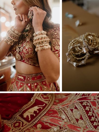 A collage focusing on the details of the bride's Sabyasachi look. The iconic tiger motif, the intricate embroidery, and the stunning jewelry are all highlighted.