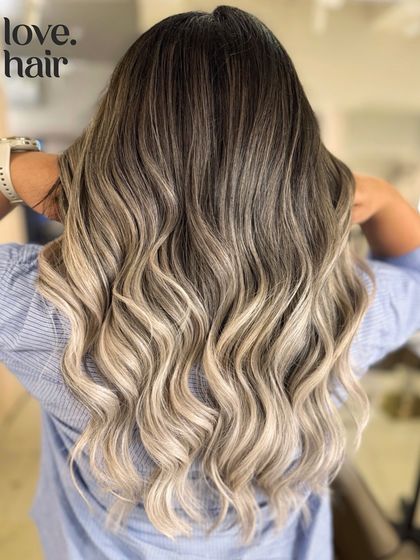 Another angle of the champagne blonde balayage, showing the beautiful, cool-toned finish.