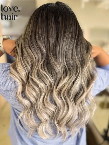 Another angle of the champagne blonde balayage, showing the beautiful, cool-toned finish.