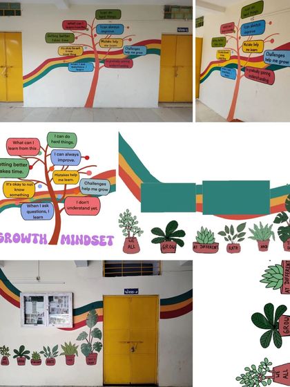 More examples of "Growth Mindset" murals, including a tree of positive thoughts and potted plants with encouraging words.