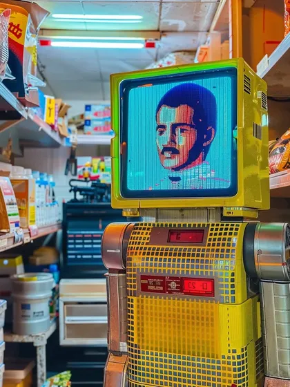 Another 'kiranatech' model, this one in yellow, with a different face on its screen. I imagine these as customizable, low-cost solutions for small shopkeepers.