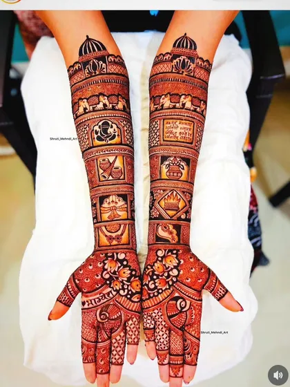 This is the kind of intricate work I am known for. A full-arm design packed with traditional Indian motifs, including Lord Ganesha for blessings, auspicious kalash symbols, and detailed architectural patterns inspired by Rajasthani palaces.