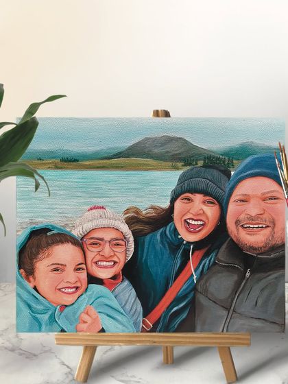 A vibrant family selfie from a lakeside vacation, transformed into a painting. I love working with photos that are full of laughter and genuine emotion.