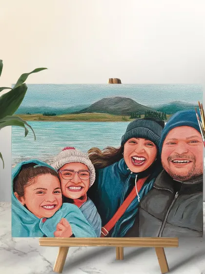 A vibrant family selfie from a lakeside vacation, transformed into a painting. I love working with photos that are full of laughter and genuine emotion.