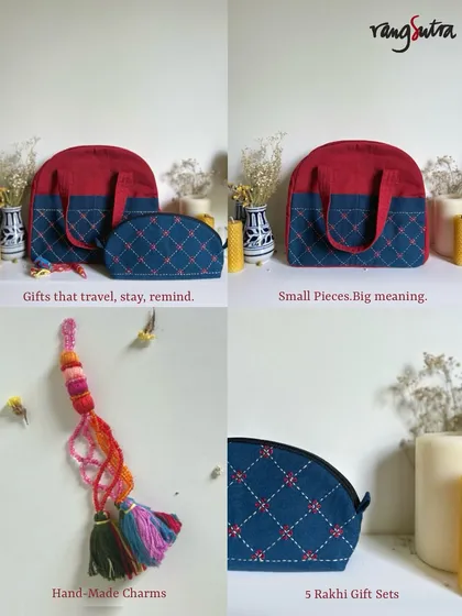 Small pieces, big meaning. This Rakhi gift set includes a two-tone travel bag, a matching quilted pouch, and a hand-made charm, designed as gifts that travel, stay, and remind.