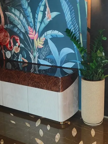 The right indoor plant completes a room. Here, a low-maintenance ZZ plant in a textured ceramic pot adds a touch of green without competing with the bold interior design.