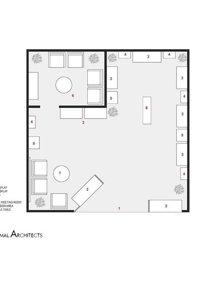 The detailed floor plan for the 6m x 6m Villandi Jewellers stall at Bridal Asia '23. The layout shows the strategic placement of high displays, a private meeting room, and a console table to manage visitor flow.