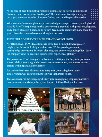 Looking towards the future, this section explains my ongoing commitment to providing impeccable service and creating grand, seamless experiences. The images reflect our origins with Trio Bartenders, the foundation of our expertise in hospitality.